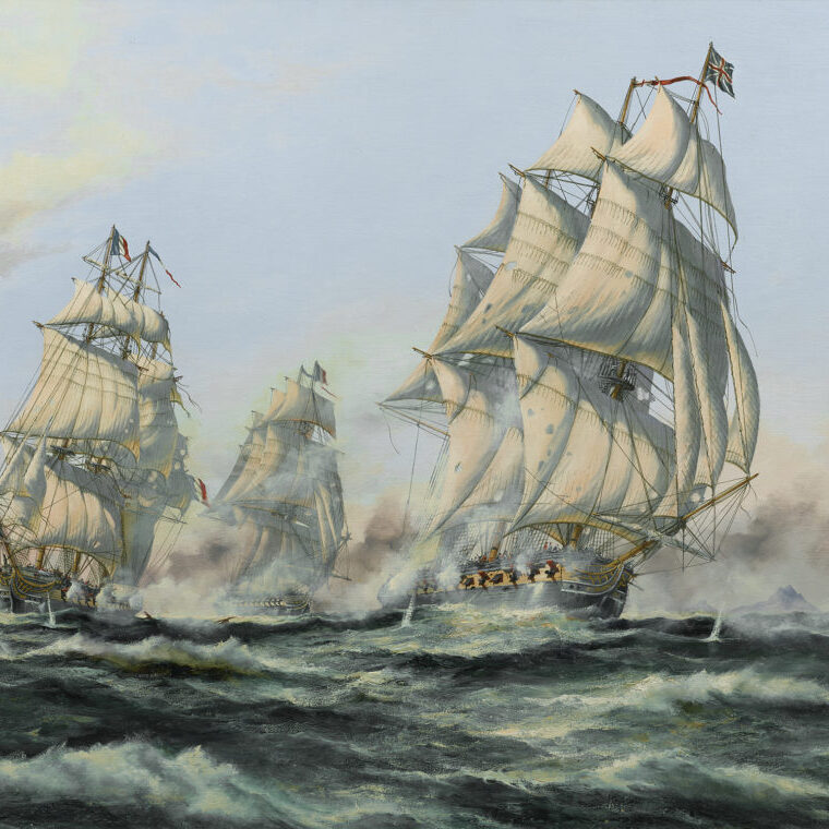 A painting of two 18th-century French ships pursuing a British frigate.