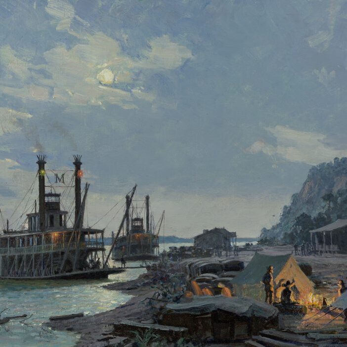A painting of a night on the Missouri River with paddleboats near the shore unloading supplies.