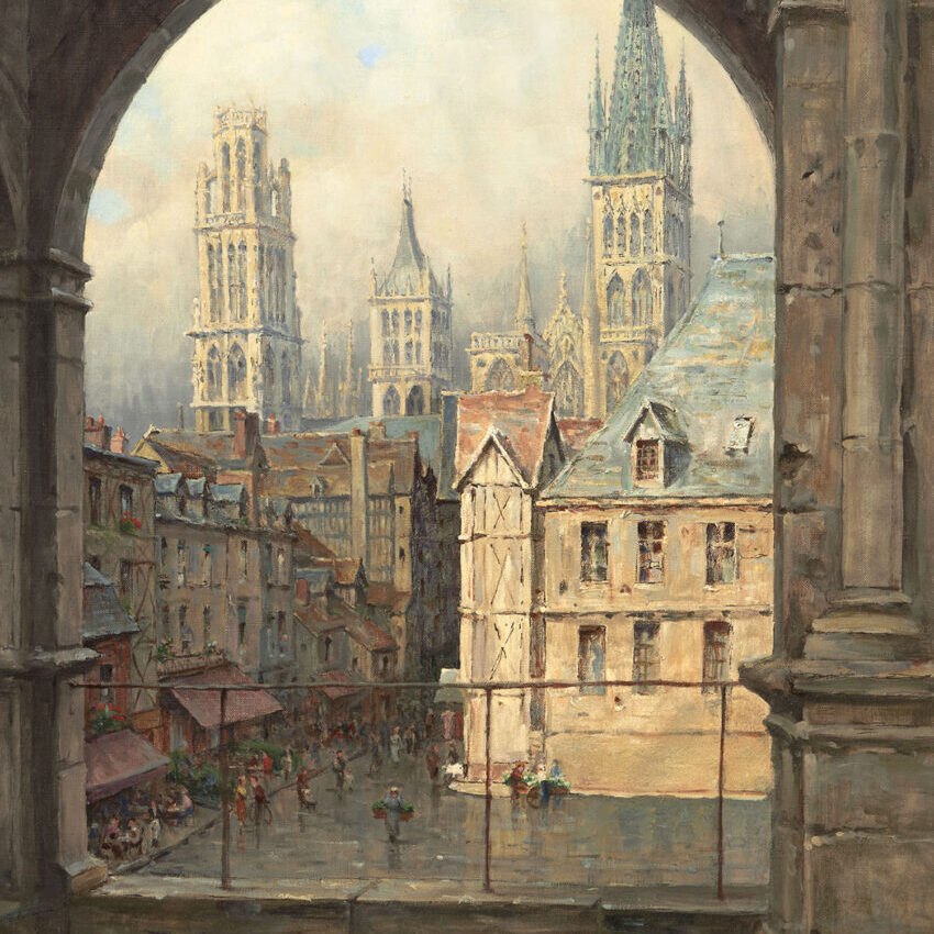 An early 20th century street scene painting of Rouen, France.