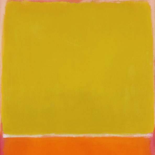 a painting with pink, red and yellow