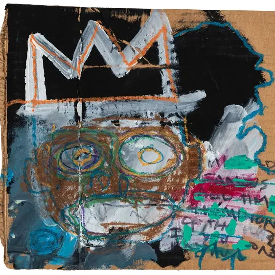 An abstract, grafitti-like portrait showing a crowned head against a black background on a piece of cardboard