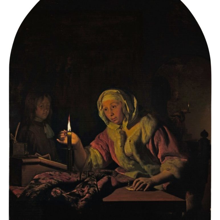 A dark domestic scene of a woman sitting at a desk by candlelight melting wax to seal a letter. A boy, probably her son, looks on in the background.