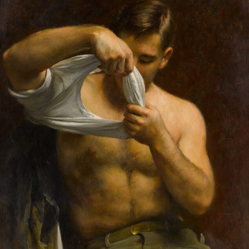 A painting of a man in the middle of putting on a plain white t-shirt.