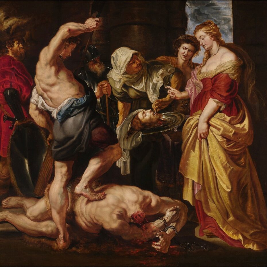 A 17th century painting of a biblical scene showing the aftermath of St. John the Baptist's execution. The saint lay headless on the floor, with the executioner resting his foot on the saint's back while he sheaths his sword. Several soldiers look on in the background, while Salome's maidservant presents her with the saint's head on a plate, while she also pulls his tongue from his mouth.