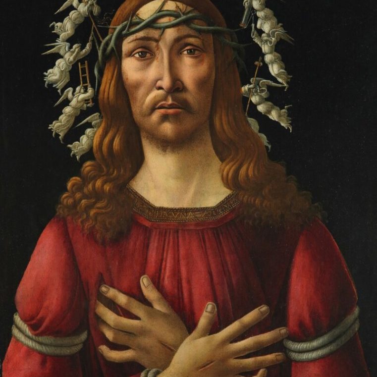 Christ portrait in a red shirt with hands crossed