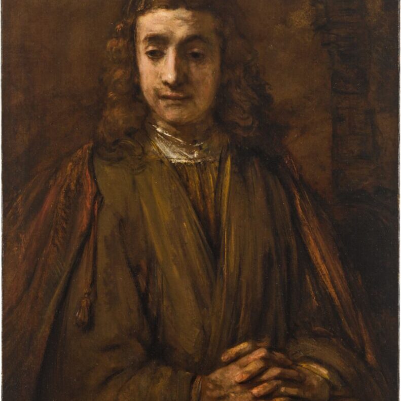 A 17th century half-length portrait of a young man with long hair and hands folded on top of a book.