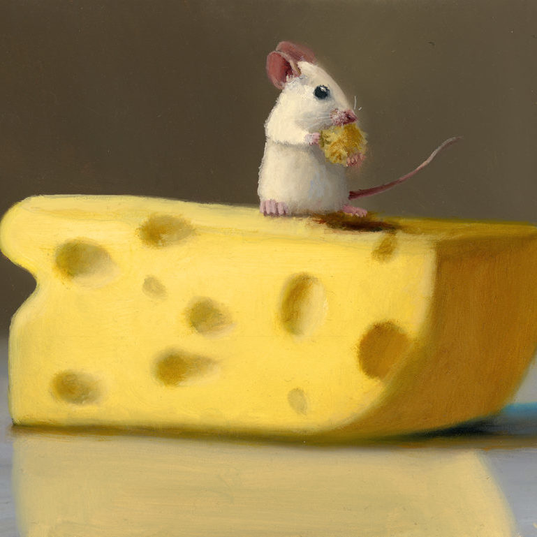 A painting by Stuart Dunkel titled 'Import' featuring Chuckie the mouse perched on top of a block of Swiss cheese, holding a piece and taking a bite.