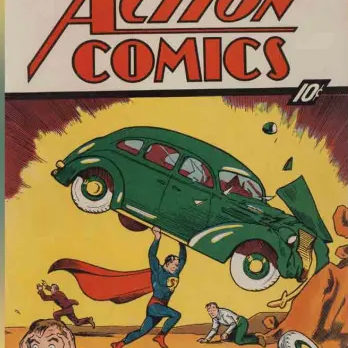 action comic #1 featuring Superman holding up a green car from 1938