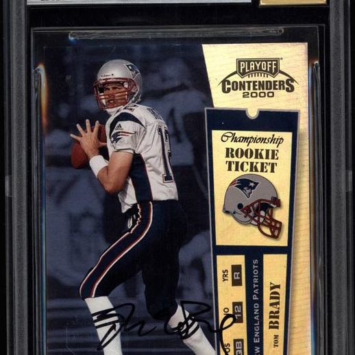 2000 Playoff Contenders Championship Rookie Ticket card, with Brady's autograph, received a Mint 9 grade, with a perfect 10 for the signature