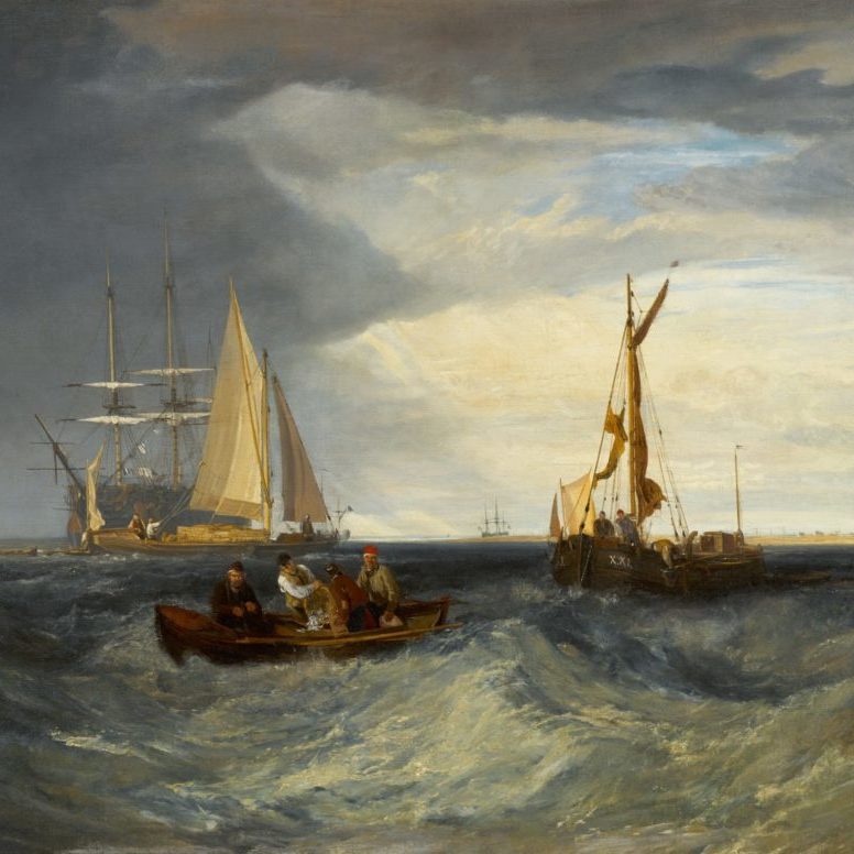 marine painting featuring ships in a rough sea