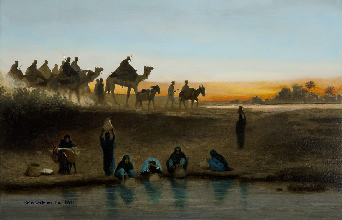 A painting of a camel caravan by a river