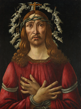 An image of Botticelli's The man of Sorrows featuring a man with long hair, arms crossed and a halo.