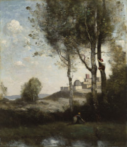 A landscape of the Italian town of Volterra in Tuscany, with a group of boys climbing a tree, done by Jean-Baptiste-Camille Corot, sold at Christie's