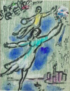 An abstract painting of two figures dancing above a river by Marc Chagall and sold at Sotheby's Paris