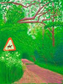 A country landscape with a horse crossing signDescription automatically generated