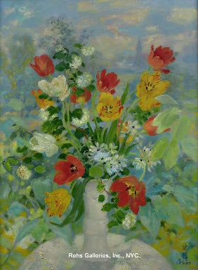 A painting of flowers in a vaseDescription automatically generated