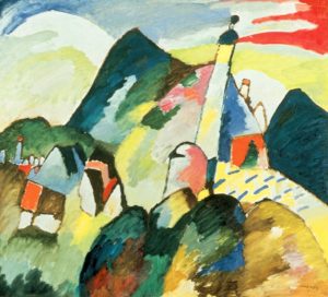 Kandinsky modernist landscape with mountains and buildings