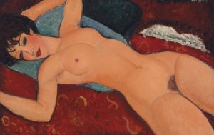 A painting of a nude woman laying on a bed