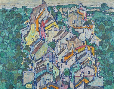 A painting of a group of housesDescription automatically generated