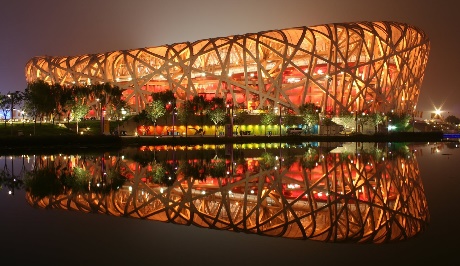 An image of the Beijing Olympic Stadium at night