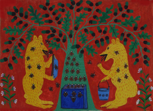 two folk style animals under a tree. One is holding a basket.