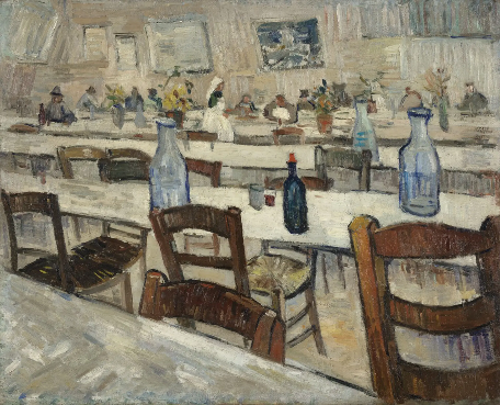 A painting of a restaurant with chairs and bottlesDescription automatically generated