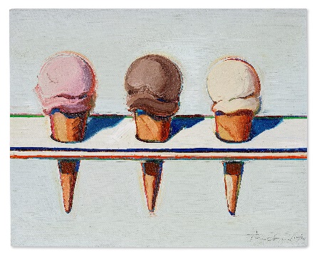 three ice-cream cones, one strawberry, one chocolate, and one vanilla