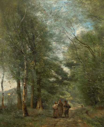 A group of people walking down a path underneath trees by Corot