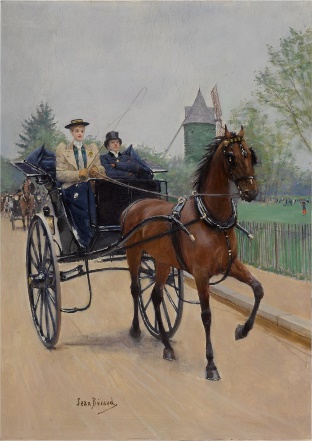 two figures in a horse drawn carriage