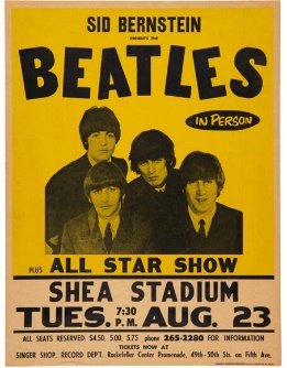 Yellow and black poster of the Beatles Shea stadium concert poster from August 23, 1966