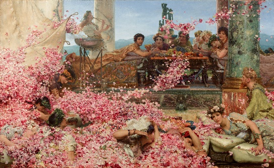A group of people sitting in a circle with flowers in front of them - by Alma-Tadema