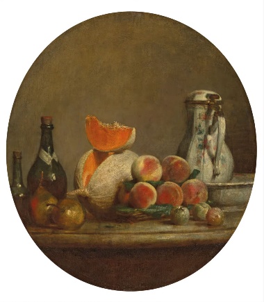 A still life of fruit and bottlesDescription automatically generated