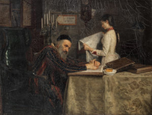 A painting of an Eastern European rabbi and his daughter in their dining room sold at Bonhams