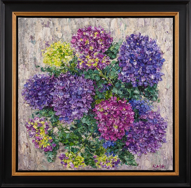 A painting of flowers in a black frameDescription automatically generated