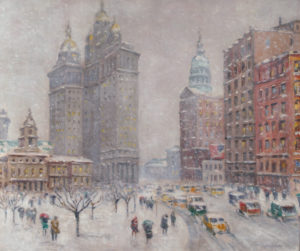Wiggins painting of a snow filled street in City Hall park